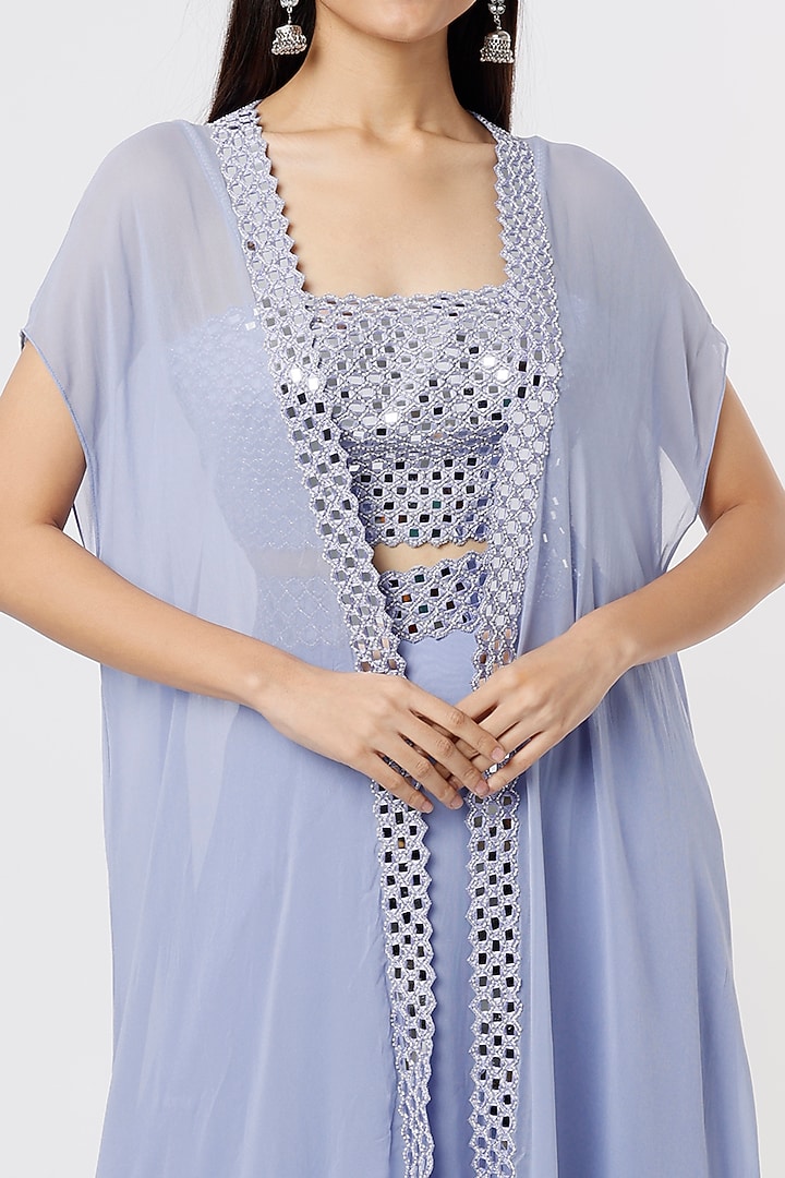 Periwinkle Blue Georgette Mirror Work Cape Set by Kresha Lulla at Pernia's Pop Up Shop