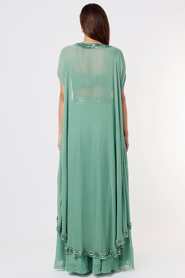 Sage Green Georgette Kashti Work Skirt Set by Kresha Lulla at Pernia's Pop Up Shop