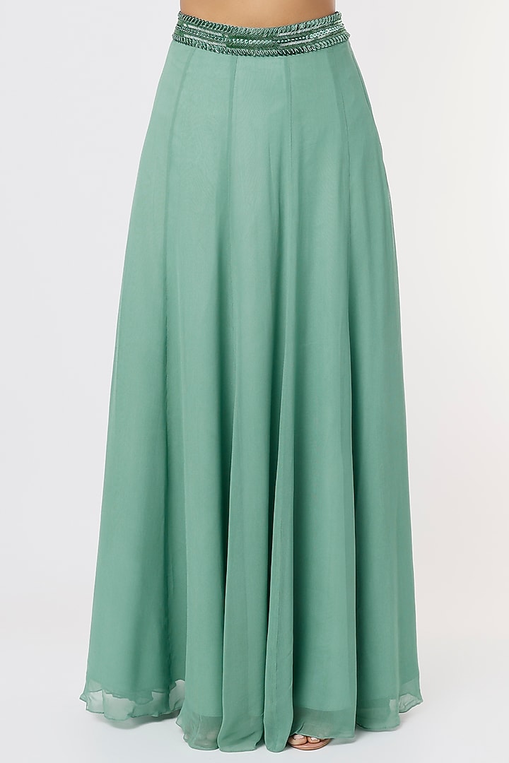 Sage Green Georgette Kashti Work Skirt Set by Kresha Lulla at Pernia's Pop Up Shop