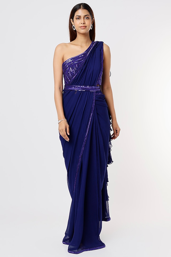 Royal Blue Georgette Wedding Saree Set by Kresha Lulla at Pernia's Pop Up Shop