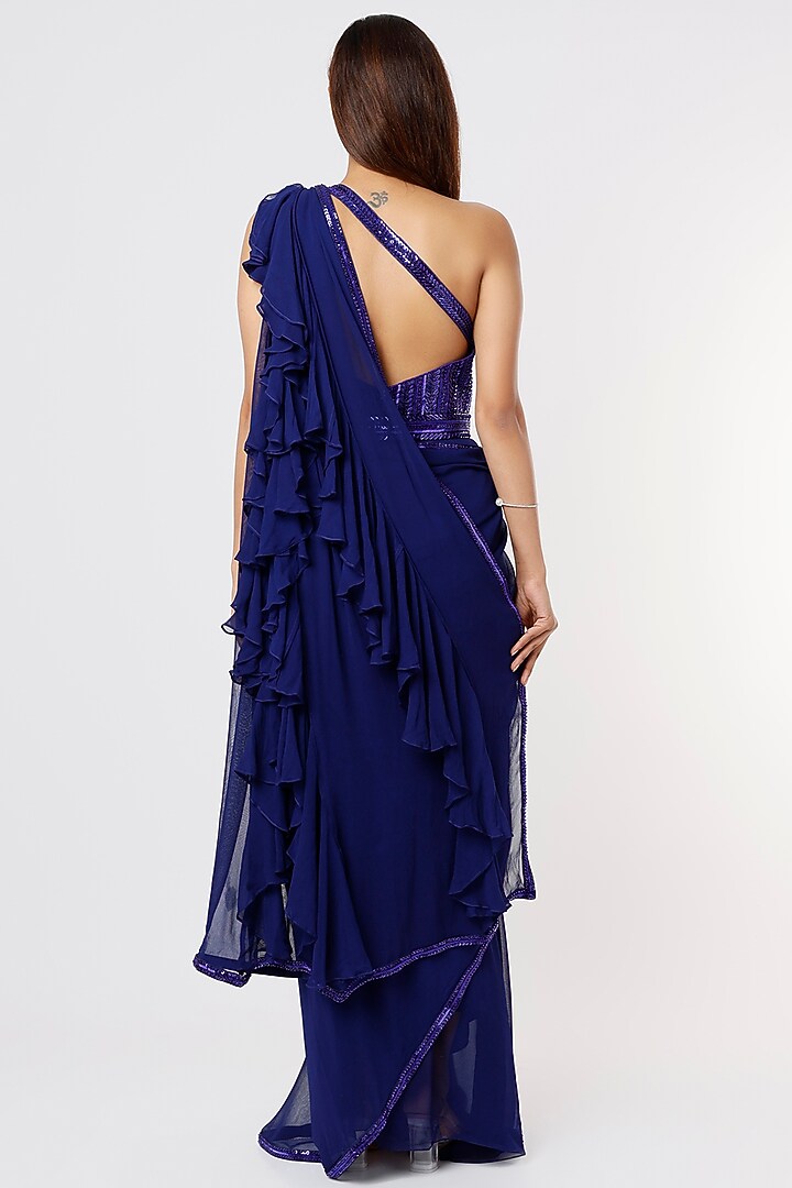 Royal Blue Georgette Wedding Saree Set by Kresha Lulla at Pernia's Pop Up Shop