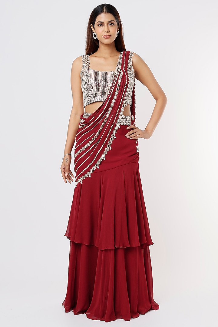 Dark Maroon Georgette Tiered Wedding Saree Set by Kresha Lulla at Pernia's Pop Up Shop