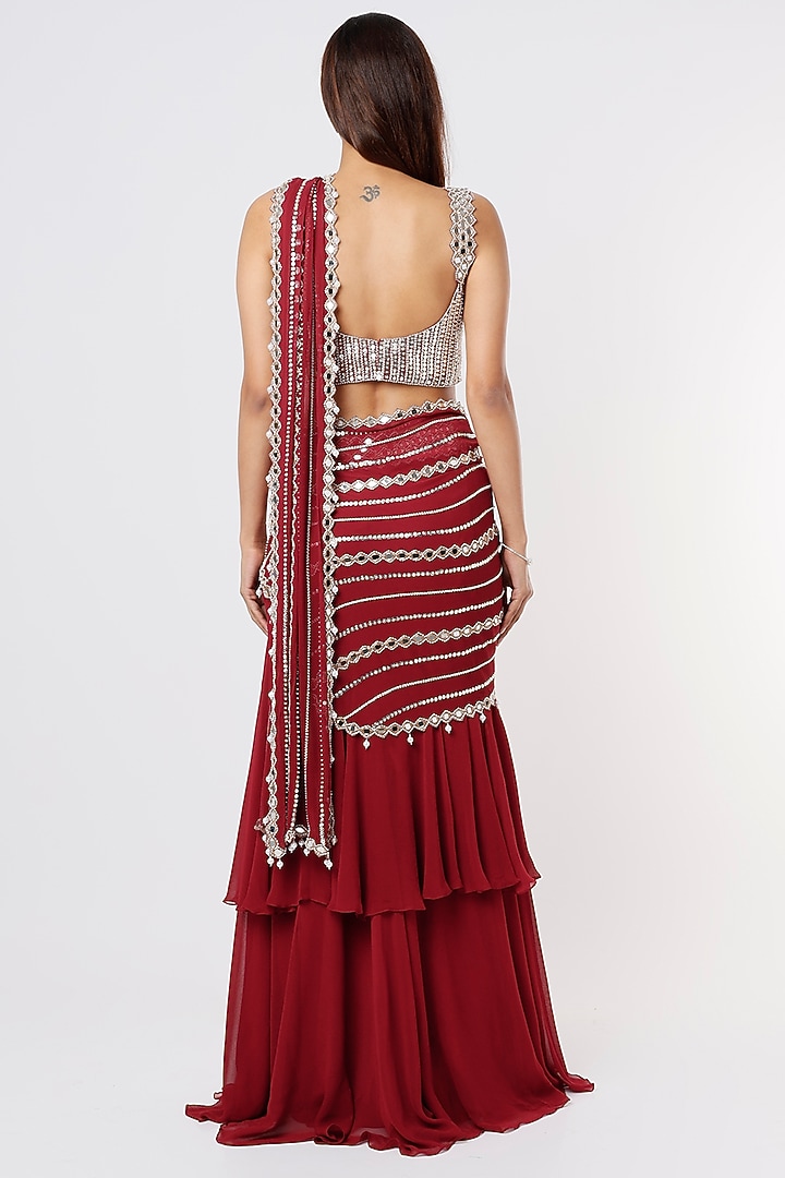 Dark Maroon Georgette Tiered Wedding Saree Set by Kresha Lulla at Pernia's Pop Up Shop