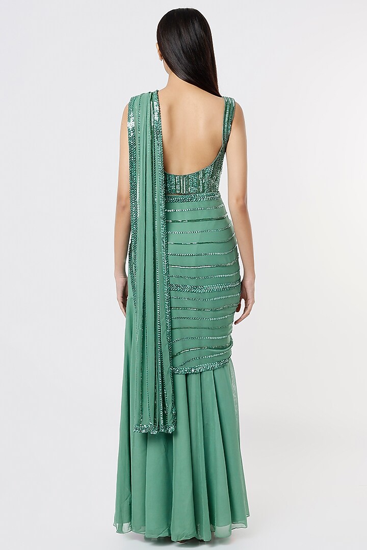 Sage Green Raw Silk & Georgette Sequins Embroidered Skirt Wedding Saree Set by Kresha Lulla at Pernia's Pop Up Shop