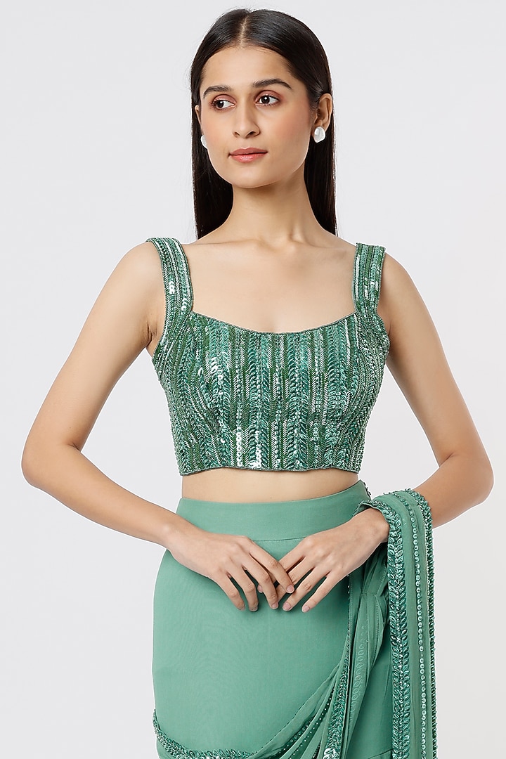 Sage Green Raw Silk & Georgette Sequins Embroidered Skirt Wedding Saree Set by Kresha Lulla at Pernia's Pop Up Shop