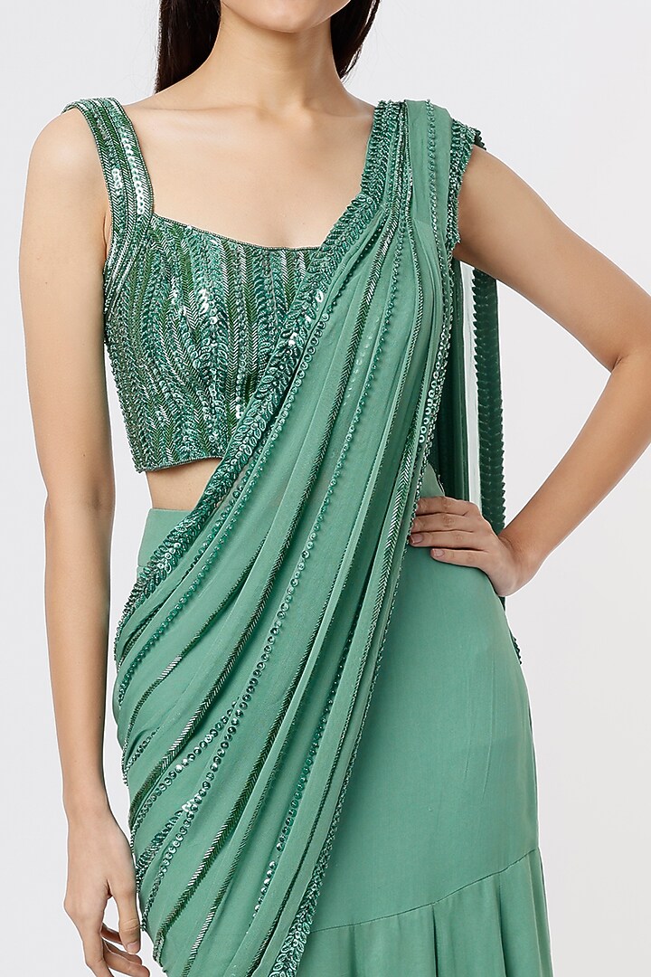 Sage Green Raw Silk & Georgette Sequins Embroidered Skirt Wedding Saree Set by Kresha Lulla at Pernia's Pop Up Shop