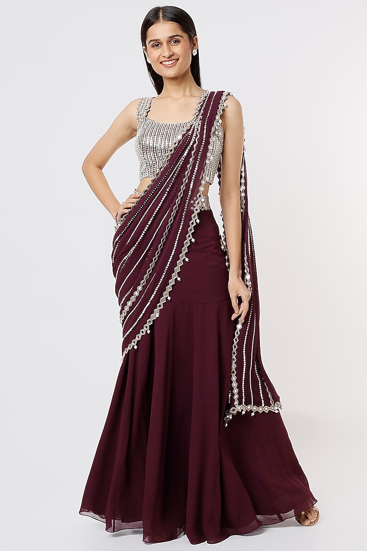 Wine Georgette Sequins Embroidered Skirt Wedding Saree Set by Kresha Lulla at Pernia's Pop Up Shop