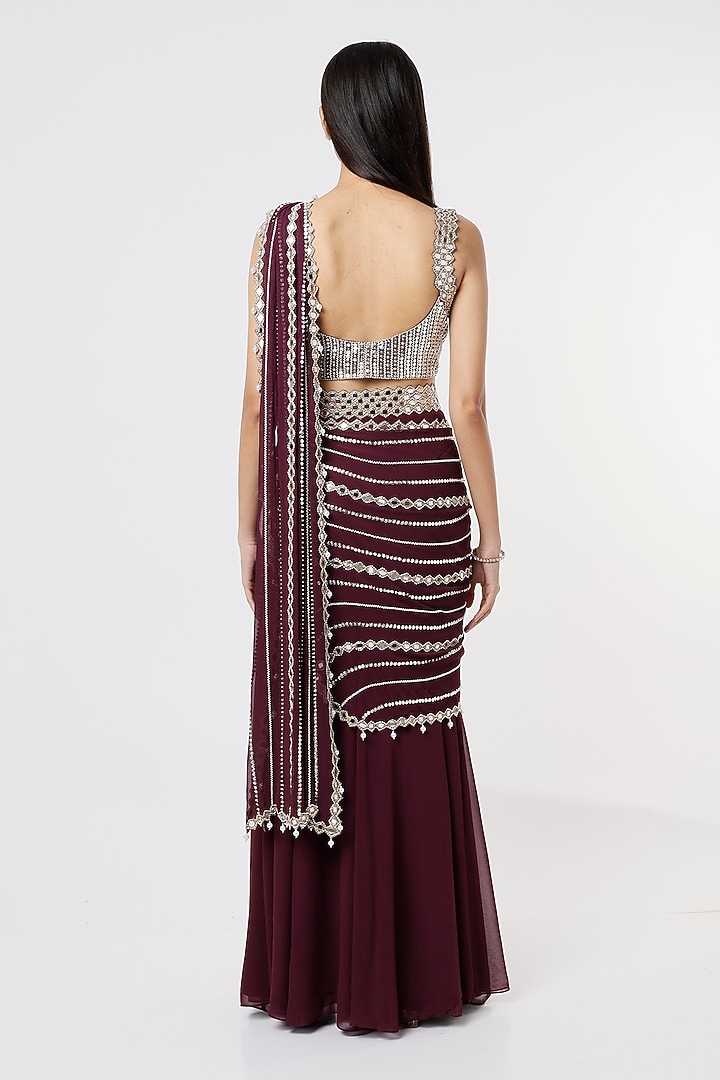 Wine Georgette Sequins Embroidered Skirt Wedding Saree Set by Kresha Lulla at Pernia's Pop Up Shop
