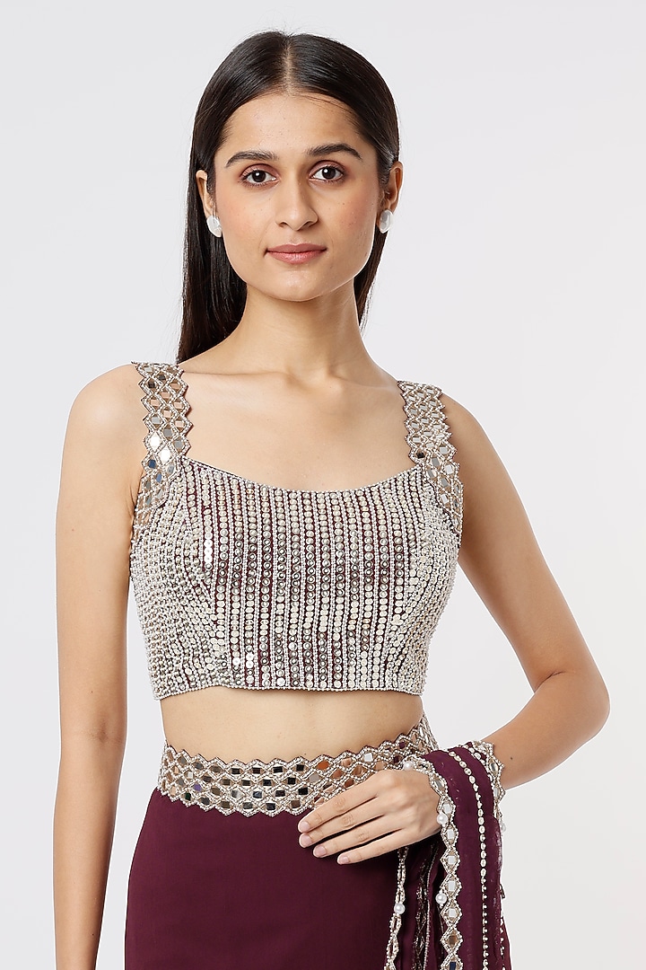 Wine Georgette Sequins Embroidered Skirt Wedding Saree Set by Kresha Lulla at Pernia's Pop Up Shop