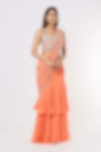 Peach Georgette Ruffled Saree Set by Kresha Lulla at Pernia's Pop Up Shop