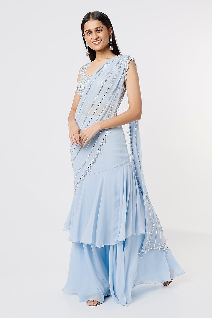 Powder Blue Georgette Wedding Saree Set by Kresha Lulla at Pernia's Pop Up Shop