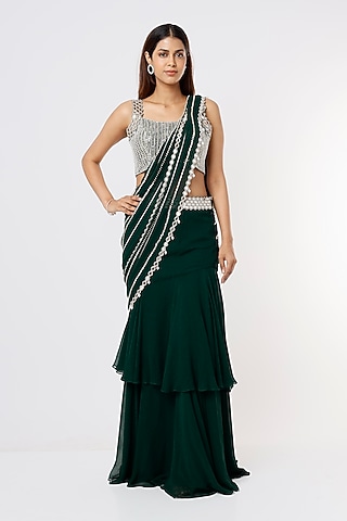 Dark Green Georgette Tiered Saree Set by Kresha Lulla