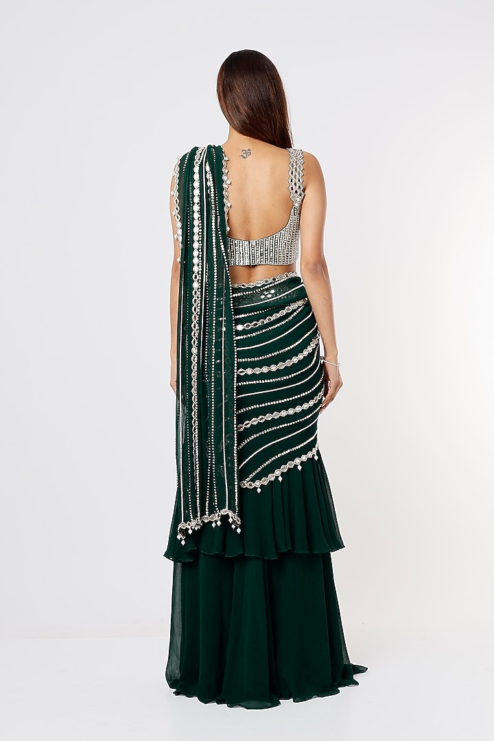 Dark Green Georgette Tiered Wedding Saree Set by Kresha Lulla at Pernia's Pop Up Shop
