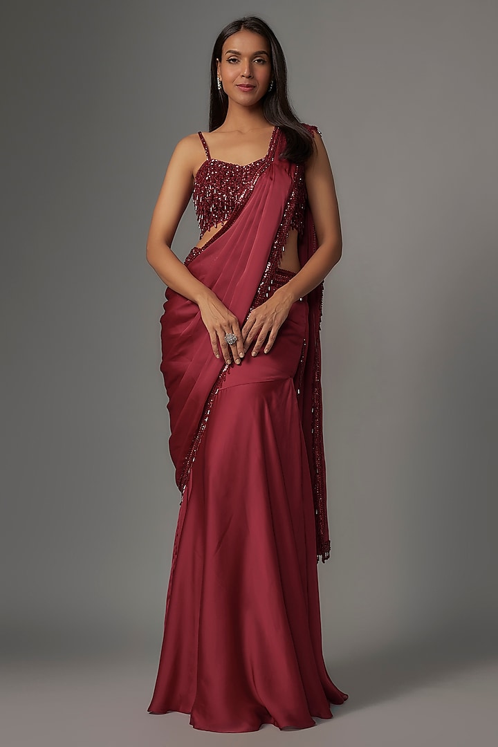 Red Satin Sequins Embroidered Tassel Fish-Cut Saree Set by Kresha Lulla