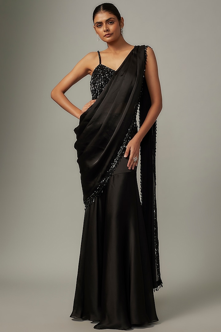 Black Satin & Raw Silk Embroidered Fish-Cut Saree Set by Kresha Lulla at Pernia's Pop Up Shop