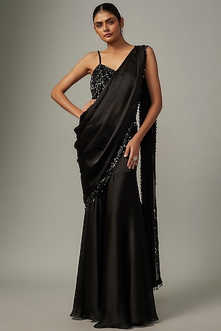 Black Satin & Raw Silk Embroidered Fish-Cut Saree Set by Kresha Lulla