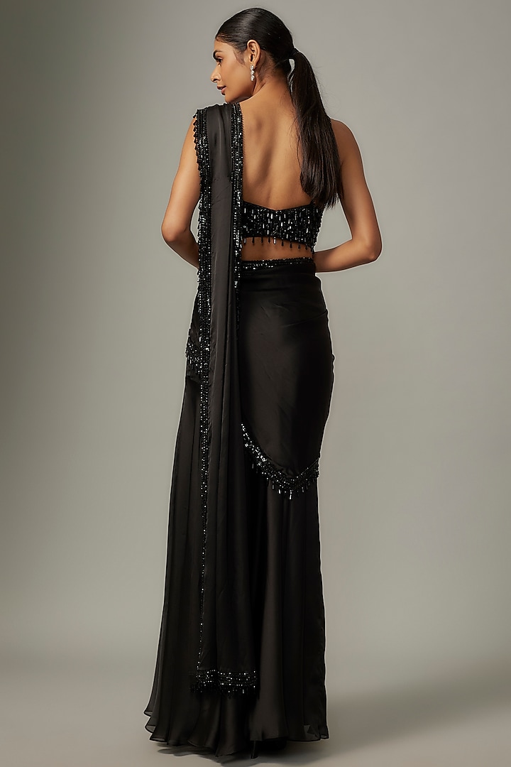 Black Satin & Raw Silk Embroidered Fish-Cut Reception Saree Set by Kresha Lulla at Pernia's Pop Up Shop