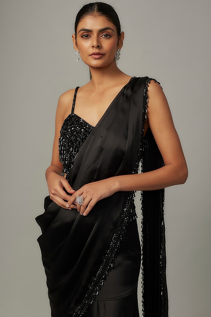 Black Satin & Raw Silk Embroidered Fish-Cut Reception Saree Set by Kresha Lulla at Pernia's Pop Up Shop