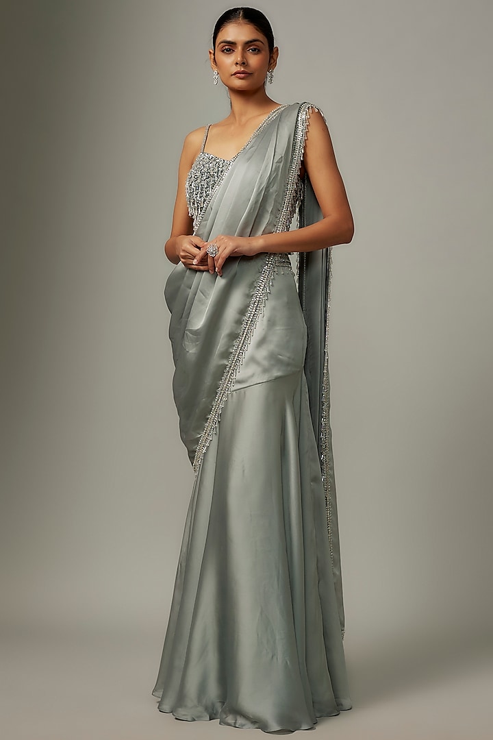 Silver Satin & Raw Silk Embroidered Fish-Cut Saree Set by Kresha Lulla at Pernia's Pop Up Shop