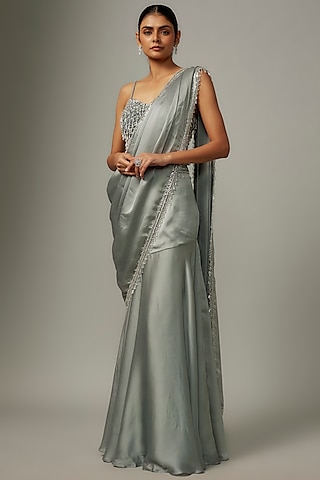 Silver Satin & Raw Silk Embroidered Fish-Cut Saree Set by Kresha Lulla