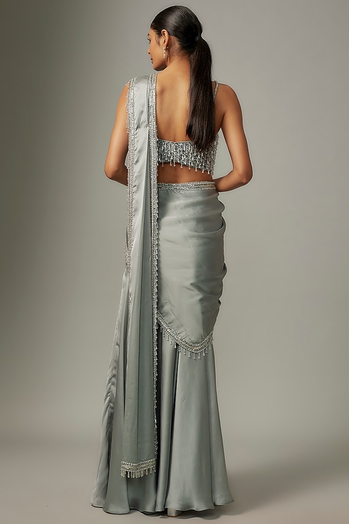 Silver Satin & Raw Silk Embroidered Fish-Cut Reception Saree Set by Kresha Lulla at Pernia's Pop Up Shop