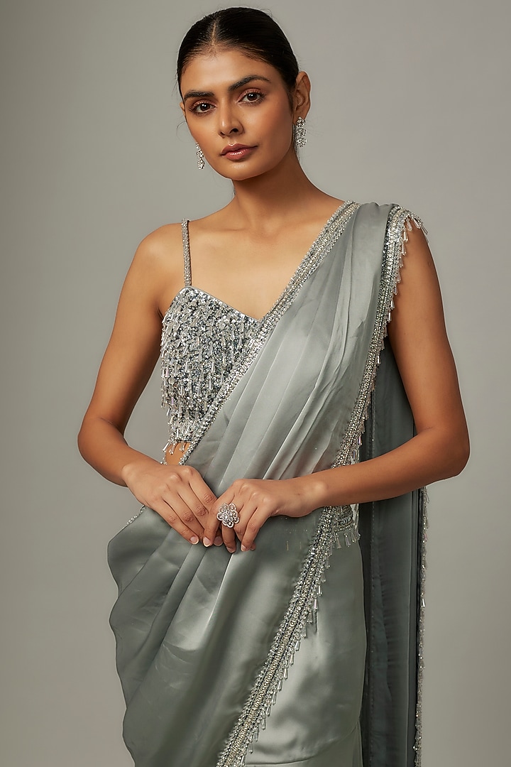 Silver Satin & Raw Silk Embroidered Fish-Cut Reception Saree Set by Kresha Lulla at Pernia's Pop Up Shop