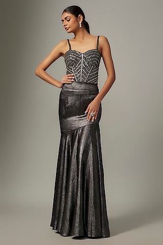 Metallic Silver & Black Shimmer Skirt Set by Kresha Lulla