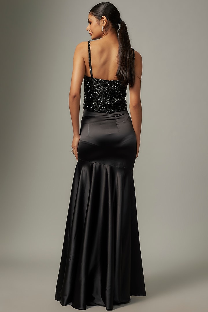Black Satin & Raw Silk Skirt Set by Kresha Lulla at Pernia's Pop Up Shop