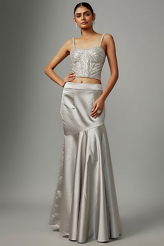 Silver Satin & Raw Silk Skirt Set by Kresha Lulla