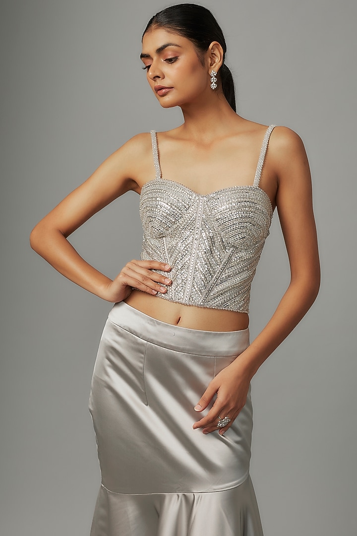 Silver Satin & Raw Silk Skirt Set by Kresha Lulla at Pernia's Pop Up Shop