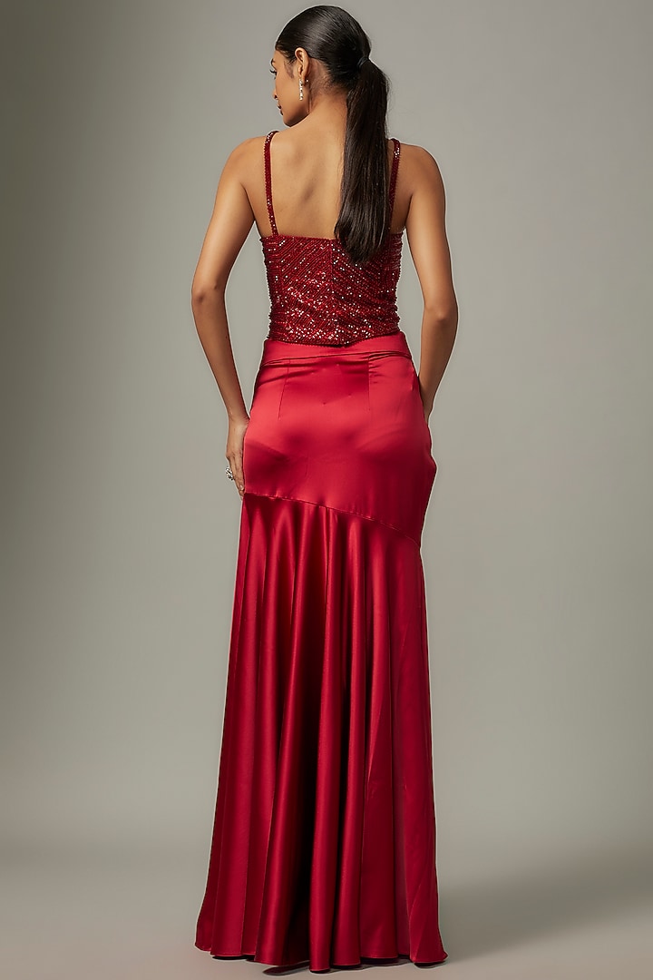 Red Satin & Raw Silk Skirt Set by Kresha Lulla at Pernia's Pop Up Shop