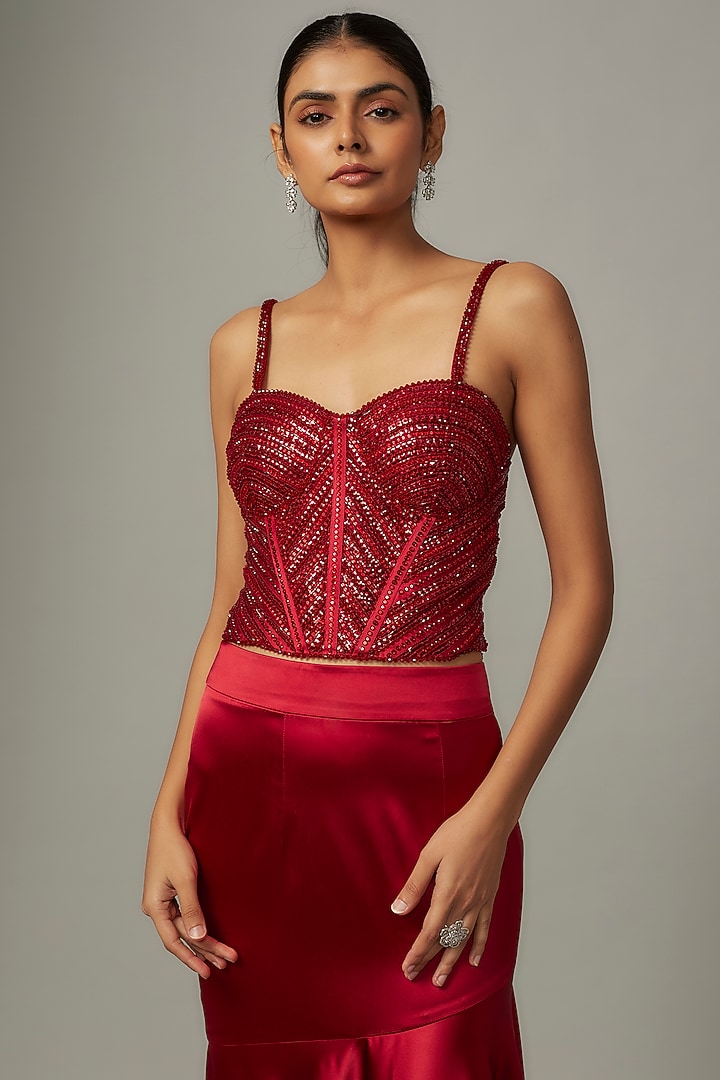 Red Satin & Raw Silk Skirt Set by Kresha Lulla at Pernia's Pop Up Shop