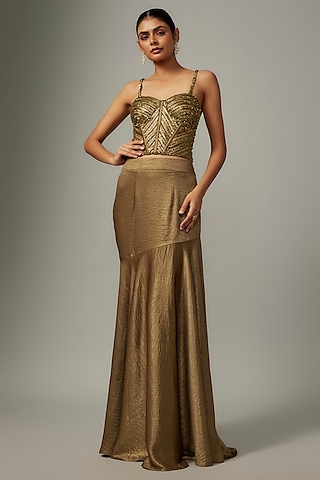 Bronze Metallic Shimmer Skirt Set by Kresha Lulla