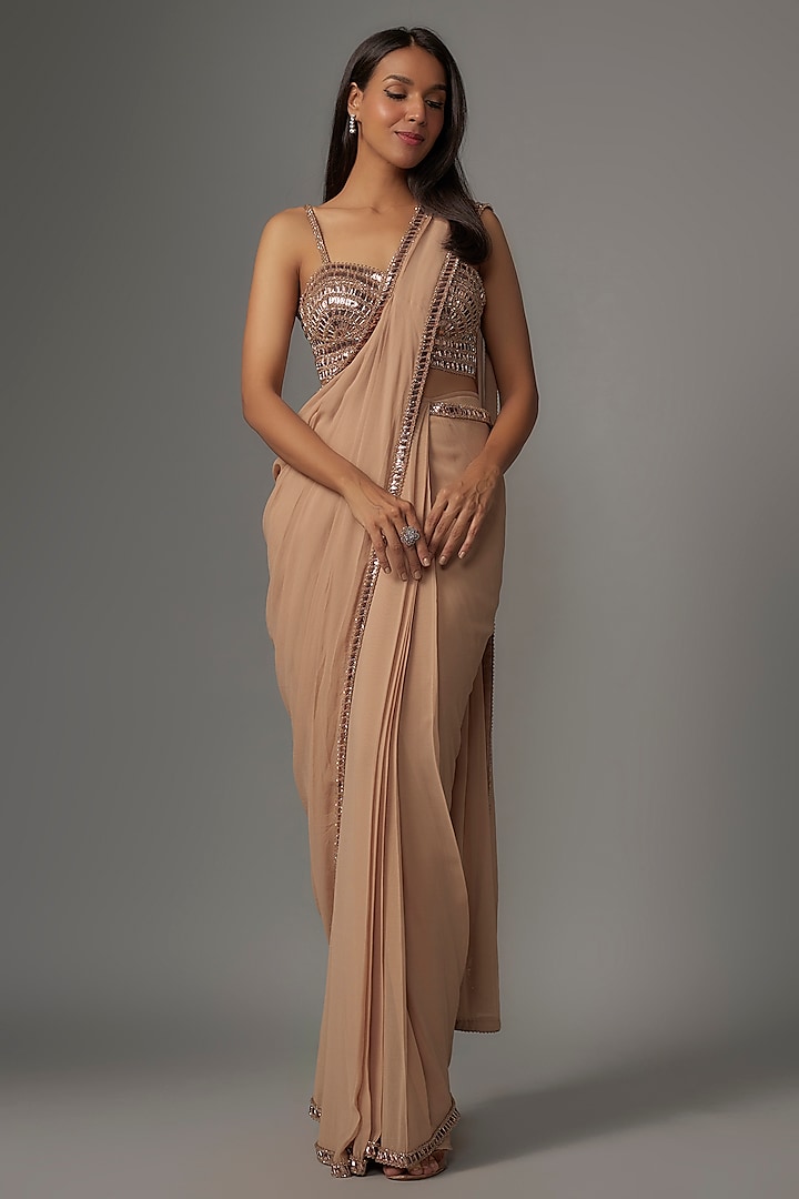 Beige Georgette Sequins Embroidered Saree Set by Kresha Lulla at Pernia's Pop Up Shop