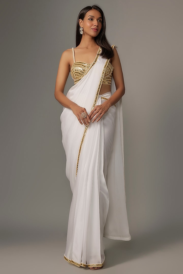 Ivory Satin Sequins Embroidered Saree Set by Kresha Lulla at Pernia's Pop Up Shop