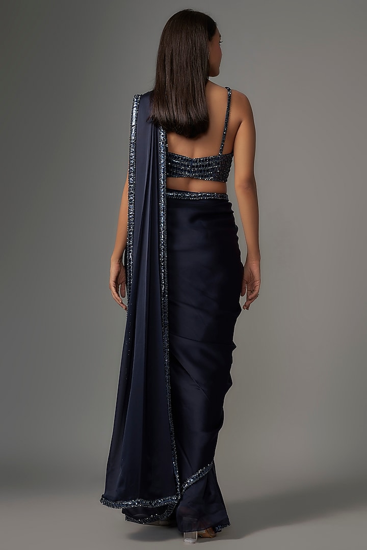 Navy Blue Satin Sequins Embroidered Reception Saree Set by Kresha Lulla at Pernia's Pop Up Shop