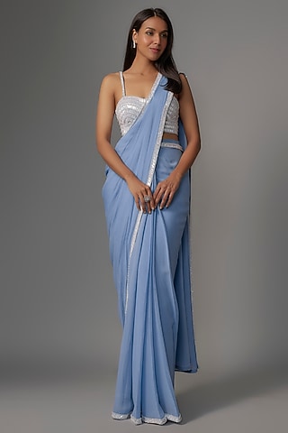 Periwinkle Blue Georgette Sequins Embroidered Saree Set by Kresha Lulla