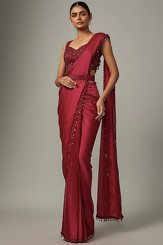 Red Satin & Raw Beads Embroidered Saree Set by Kresha Lulla