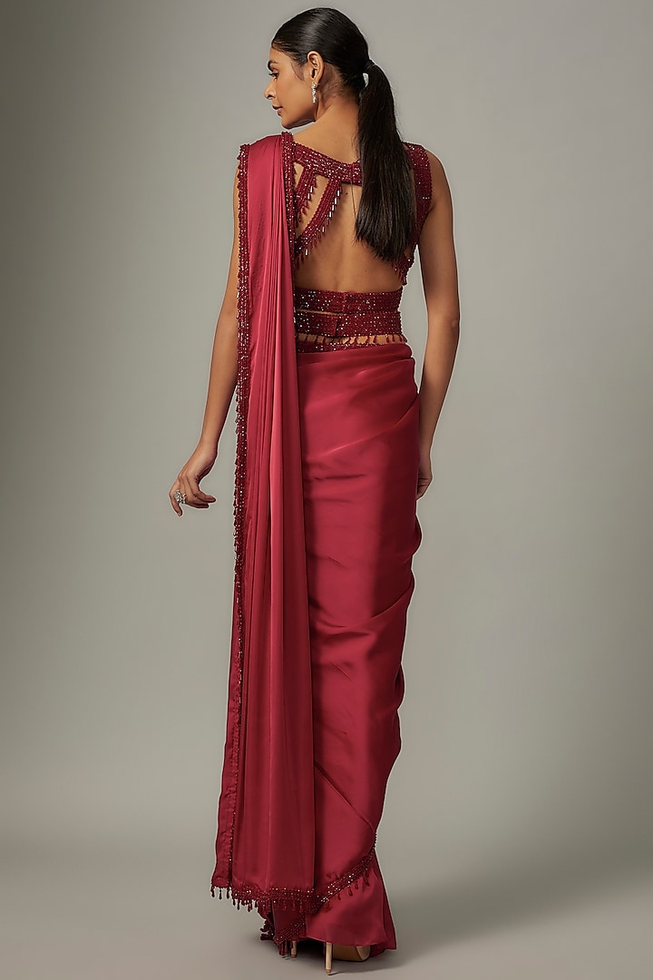 Red Satin & Raw Beads Embroidered Reception Saree Set by Kresha Lulla at Pernia's Pop Up Shop