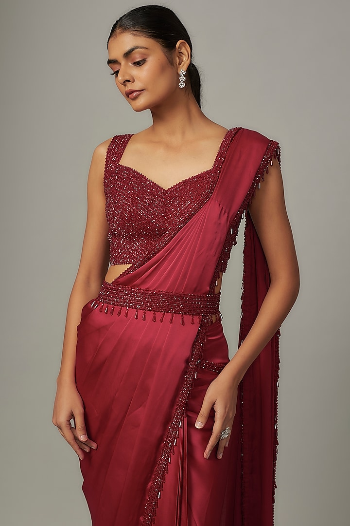 Red Satin & Raw Beads Embroidered Reception Saree Set by Kresha Lulla at Pernia's Pop Up Shop