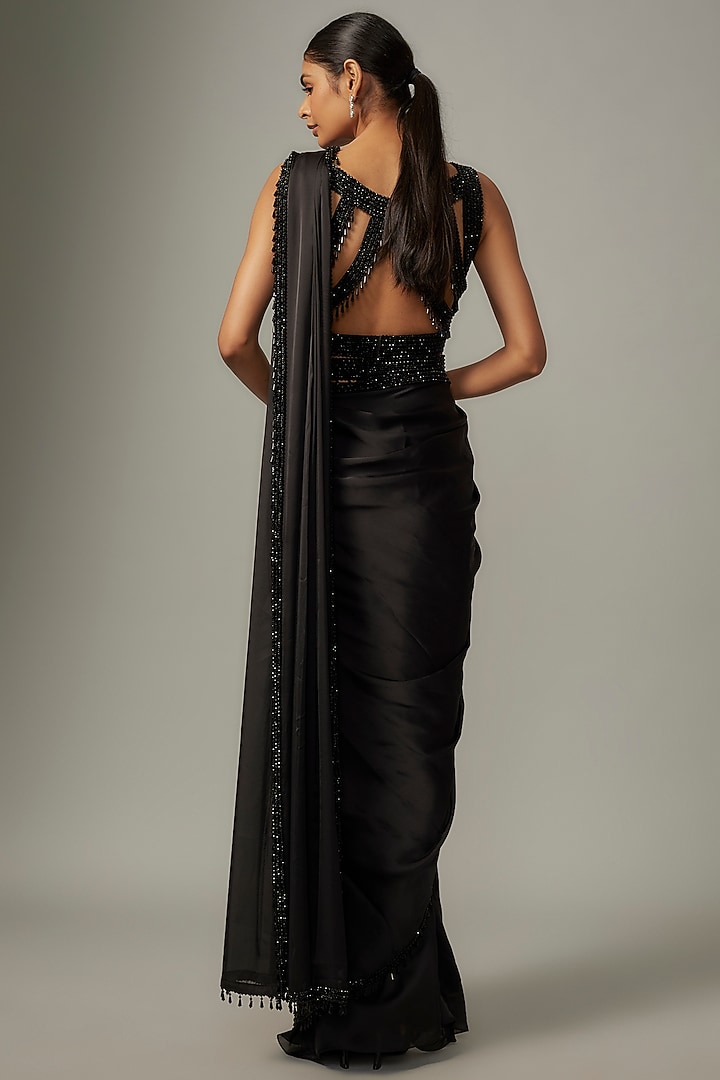 Black Satin & Raw Beads Embroidered Reception Saree Set by Kresha Lulla at Pernia's Pop Up Shop