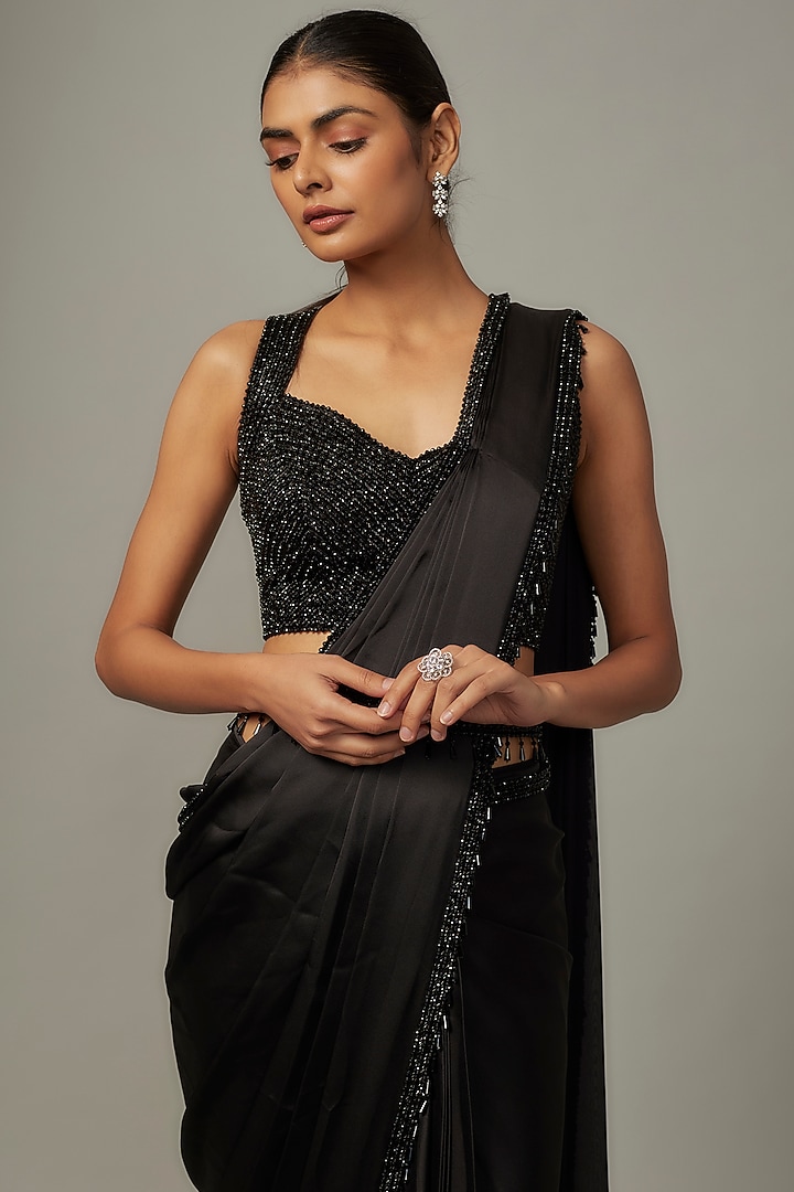 Black Satin & Raw Beads Embroidered Reception Saree Set by Kresha Lulla at Pernia's Pop Up Shop