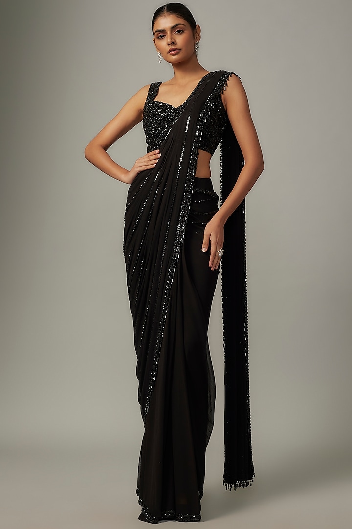 Black Satin & Raw Beads Embroidered Saree Set by Kresha Lulla at Pernia's Pop Up Shop