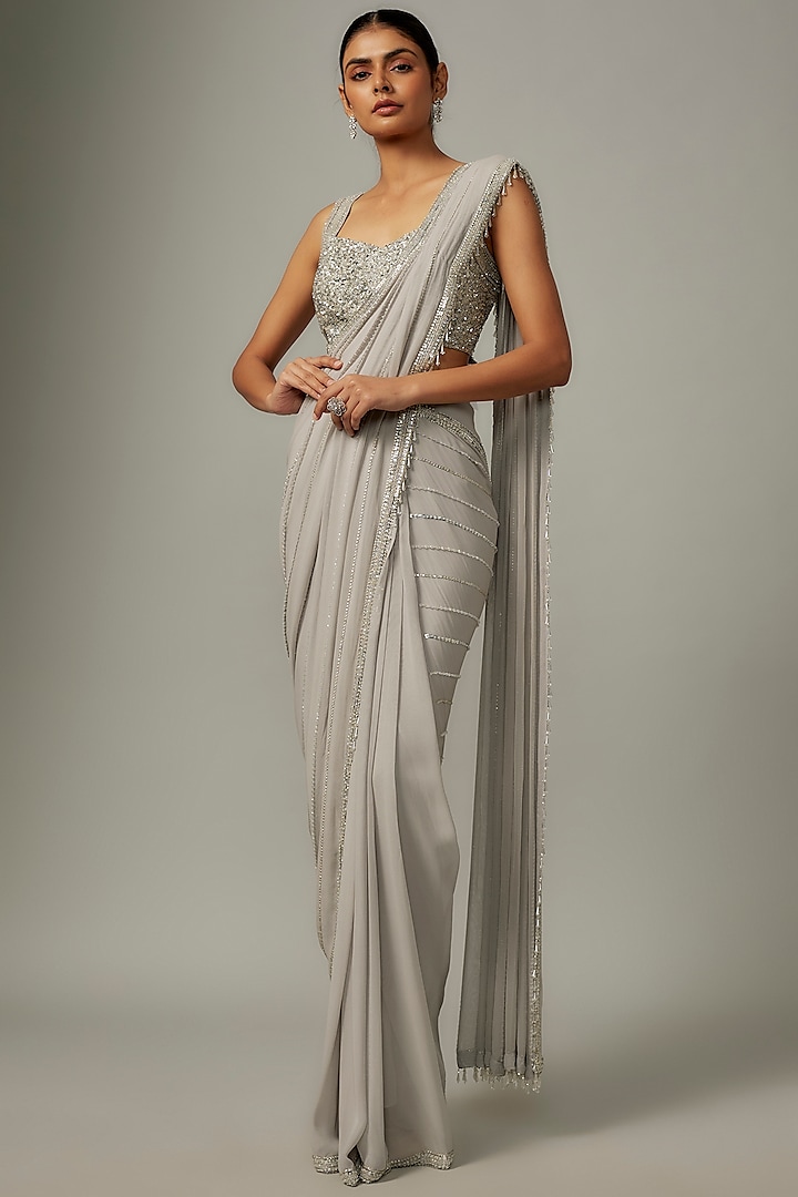 Grey Georgette & Raw Silk Beads Embroidered Saree Set by Kresha Lulla at Pernia's Pop Up Shop