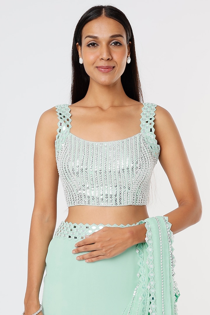 Aqua Blue Embroidered Wedding Saree Set by Kresha Lulla at Pernia's Pop Up Shop
