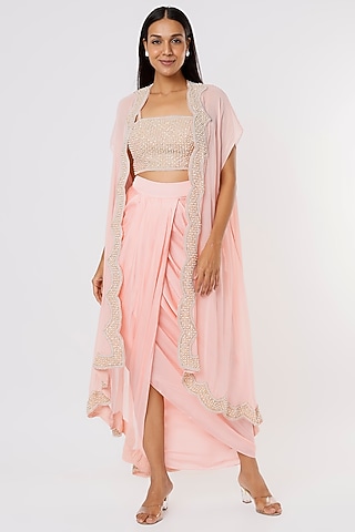 Peach Silk Dhoti Set With Cape by Kresha Lulla
