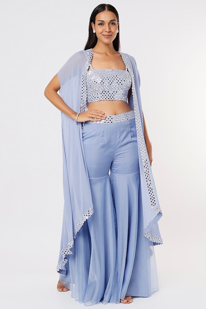 Periwinkle Blue Georgette Pant Set With Cape by Kresha Lulla at Pernia's Pop Up Shop