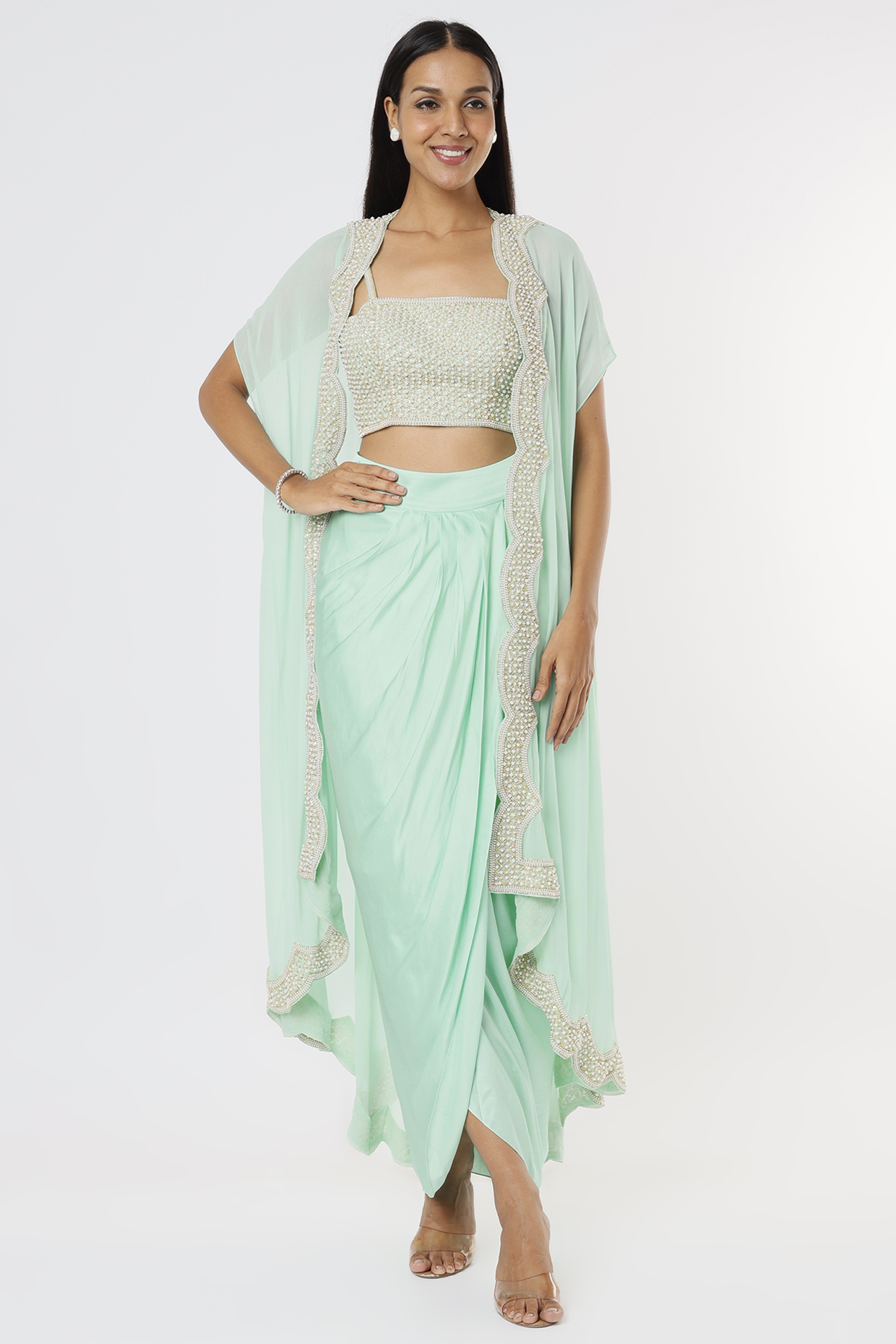 Aqua Blue Satin Dhoti Set With Cape by Kresha Lulla at Pernia's Pop Up Shop