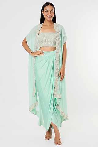 Aqua Blue Satin Dhoti Set With Cape by Kresha Lulla
