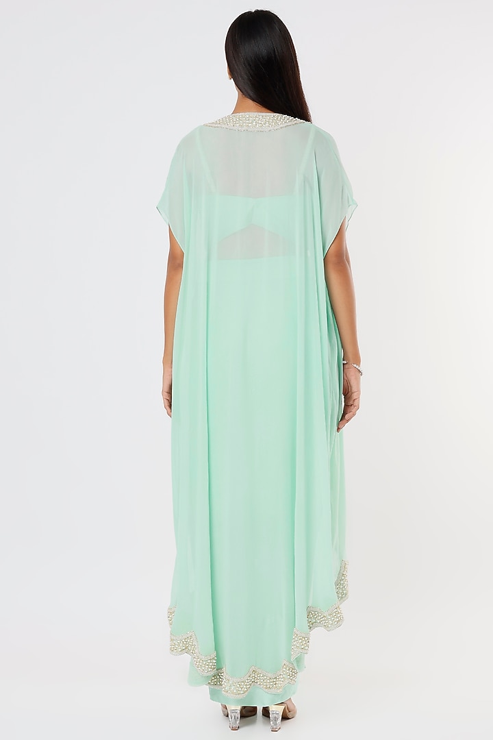 Aqua Blue Satin Dhoti Set With Cape by Kresha Lulla at Pernia's Pop Up Shop